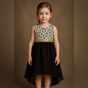 Elegant black and gold round neck girl's dress, ideal for parties.